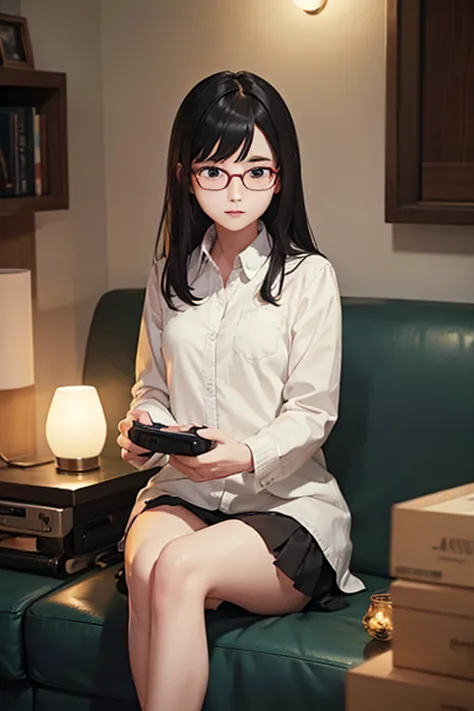 Highest quality、masterpiece、High sensitivity、High resolution、Detailed Description、Slender women、Glasses、Sitting on the sofa、In t...