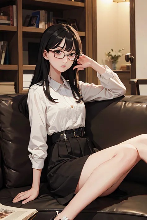 Highest quality、masterpiece、High sensitivity、High resolution、Detailed Description、Slender women、Glasses、Sitting on the sofa、In t...