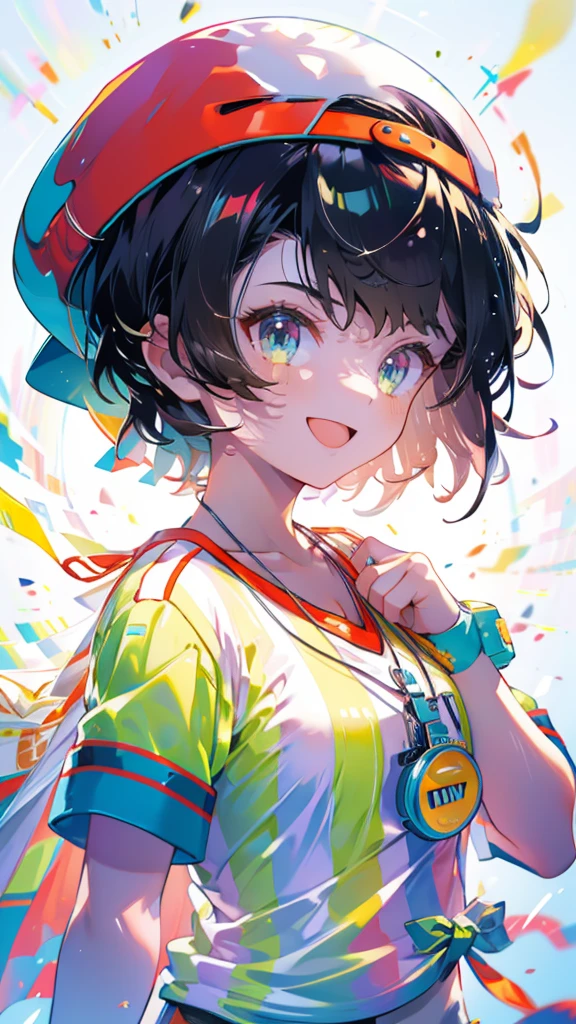 (Ultra-high resolution,masterpiece, Attention to detail, Highest quality), 8k,(aasubaru, short hair, cape, backwards hat, breast, collarbone, watch, whistle around neck, vertical-striped shirt, tied shirt, short sleeves, Wristband, white shorts),(Blessed,Captivating body、Ultra-detailed skin、Super beautiful eyes、Detailed Background),One girl、 (cheerful ,enjoy :1.5),