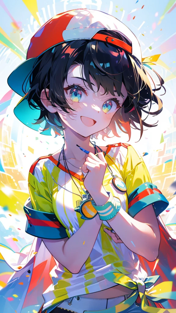 (Ultra-high resolution,masterpiece, Attention to detail, Highest quality), 8k,(aasubaru, short hair, cape, backwards hat, breast, collarbone, watch, whistle around neck, vertical-striped shirt, tied shirt, short sleeves, Wristband, white shorts),(Blessed,Captivating body、Ultra-detailed skin、Super beautiful eyes、Detailed Background),One girl、 (cheerful ,enjoy :1.5),