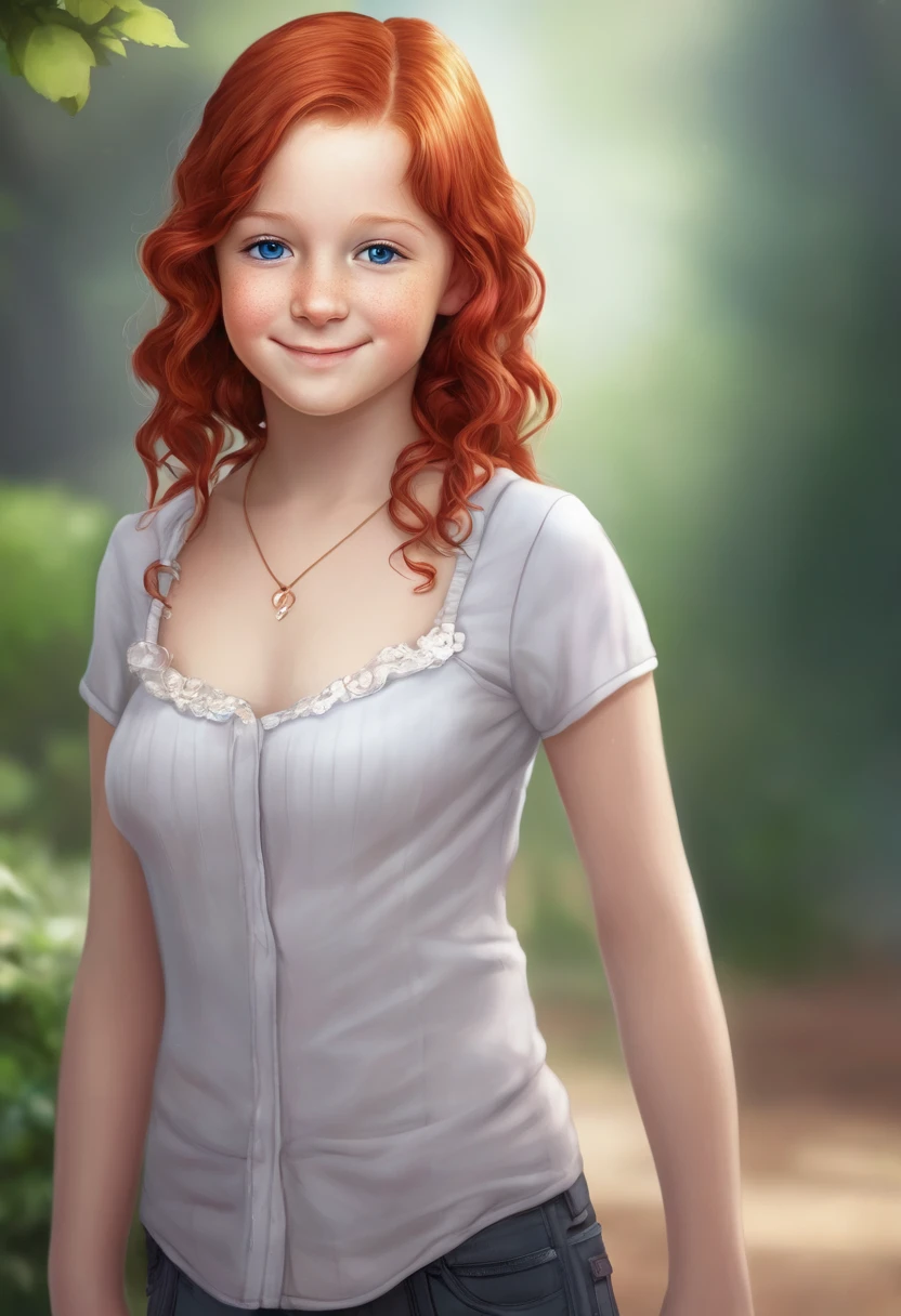 ((high resolution)), ((pale skin)), freckled, redhead ((11 year old)) girl, with blue eyes, blushing cheeks, curly hair, smiling, huge breasts, school, whole body