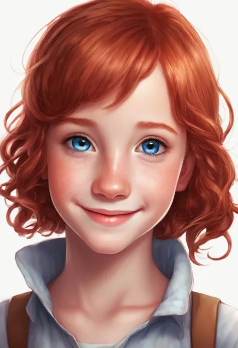 ((high resolution)), ((pale skin)), freckled, redhead ((11 year old)) girl, with blue eyes, blushing cheeks, curly hair, smiling...