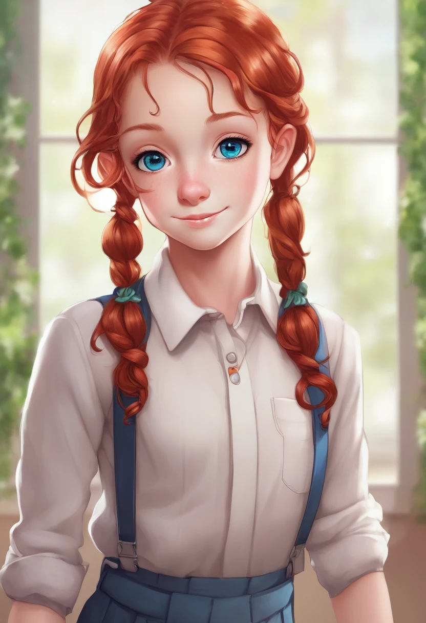 ((high resolution)), ((pale skin)), freckled, redhead ((11 year old)) girl, with blue eyes, blushing cheeks, curly hair, smiling, huge breasts, school, whole body