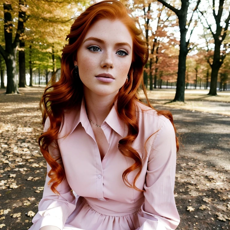 raw, portrait photo (23 year old redhead girl: 1.2), makeup, graphic eyeliner, blush, dress shirt, (choker: 0.7), realistic skin texture, light eyes (red: 0.8), soft core, warm lighting, cozy atmosphere, instagram style, work style, sit in the park (spring:1.1)