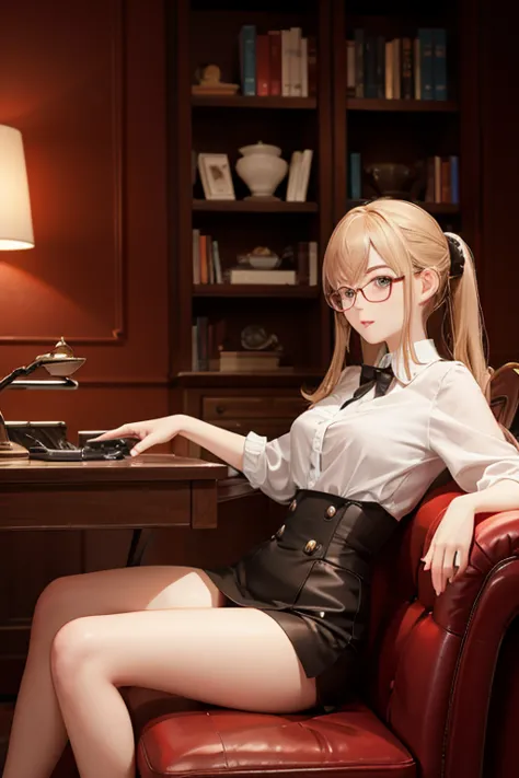 Highest quality、masterpiece、High sensitivity、High resolution、Detailed Description、Slender women、Glasses、Sitting on the sofa、Be a...