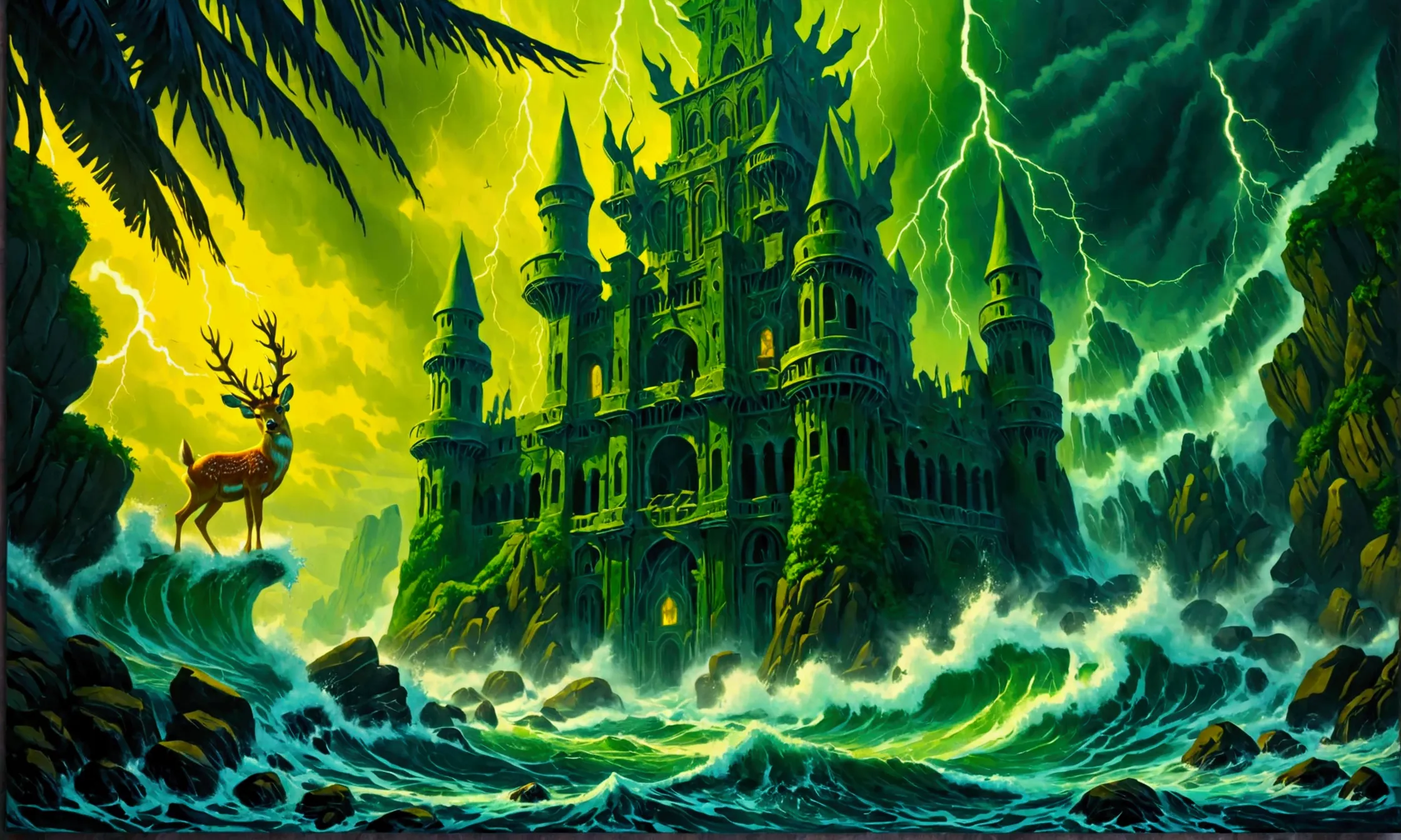 (Mysterious eerie citadel with intricate architecture:1.2) on rocks of tropical island))), crushing waves, yellow-green thunders...