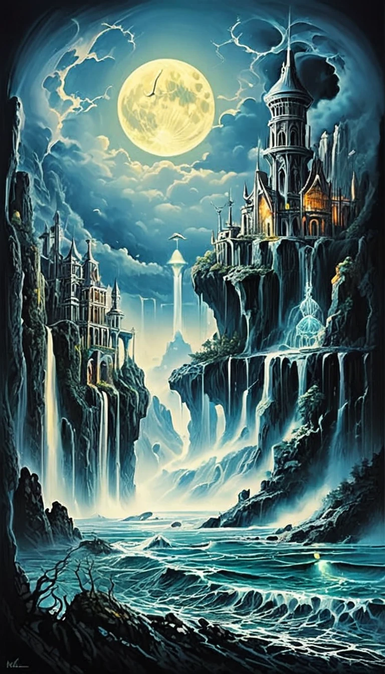 
            There is a huge cliff in the middle of the sea(There are rough waves and spray under the cliff)，A mysterious island with a waterfall in the middle，surrounded by mountains, There is a crystal castle that radiates the light of the gods on a mysterious island. in the background, There is a huge blue full moon and thick fog. this is a mysterious, majestic masterpiece., Surrealism, Abstract luminism art aesthetic magical landscape, Intricate fantasy, Detailed fantasy art fantasy illustration mystical hallucination art, Extremely detailed dream scenes, Perfect composition, Intricate details, Detailed digital art