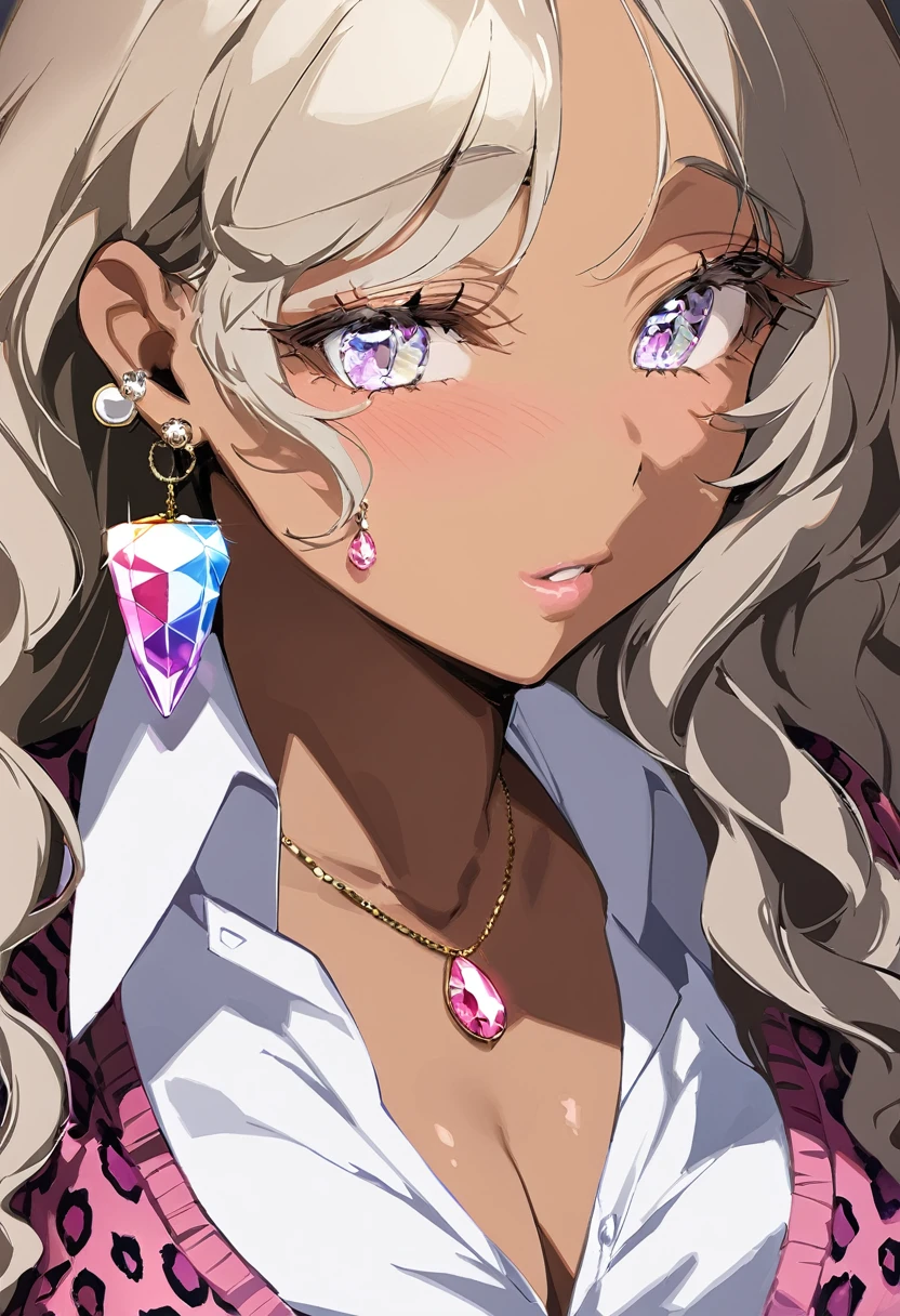 masterpiece, best quality, 1girl, jewelry, solo, gyaru girl , leopard prints, dark skin, lots of accessories, close up on face, close up on earring, gyaru style earring, model pose, stylish , detailed eyes, color full crystal eyes, magazine style 