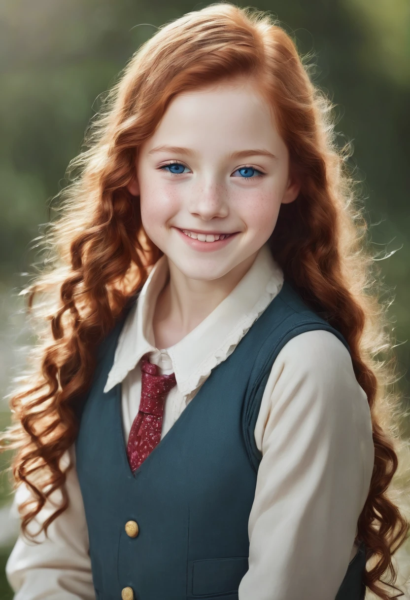 ((high resolution)), ((pale skin)), freckled, redhead ((11 year old)) girl, with blue eyes, blushing cheeks, curly hair, smiling, huge breasts, school, whole body, photo