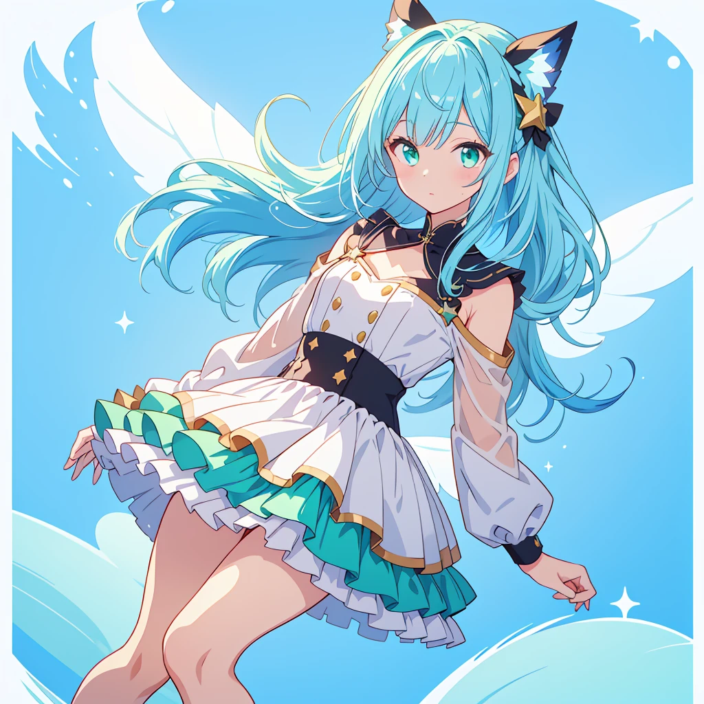 1girl、Star Fairy、Star incarnation、Character design front view、A picture facing the viewer、(((Super detailed、Highest quality、Masterpiece)))、Original cute hairstyle、Milky white and blue hair color、Simple Green Background、vtuber-fullbody,Black 8D glossy stockings