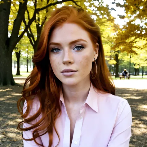 raw, portrait photo (23 year old redhead girl: 1.2), makeup, graphic eyeliner, blush, dress shirt, (choker: 0.7), realistic skin...