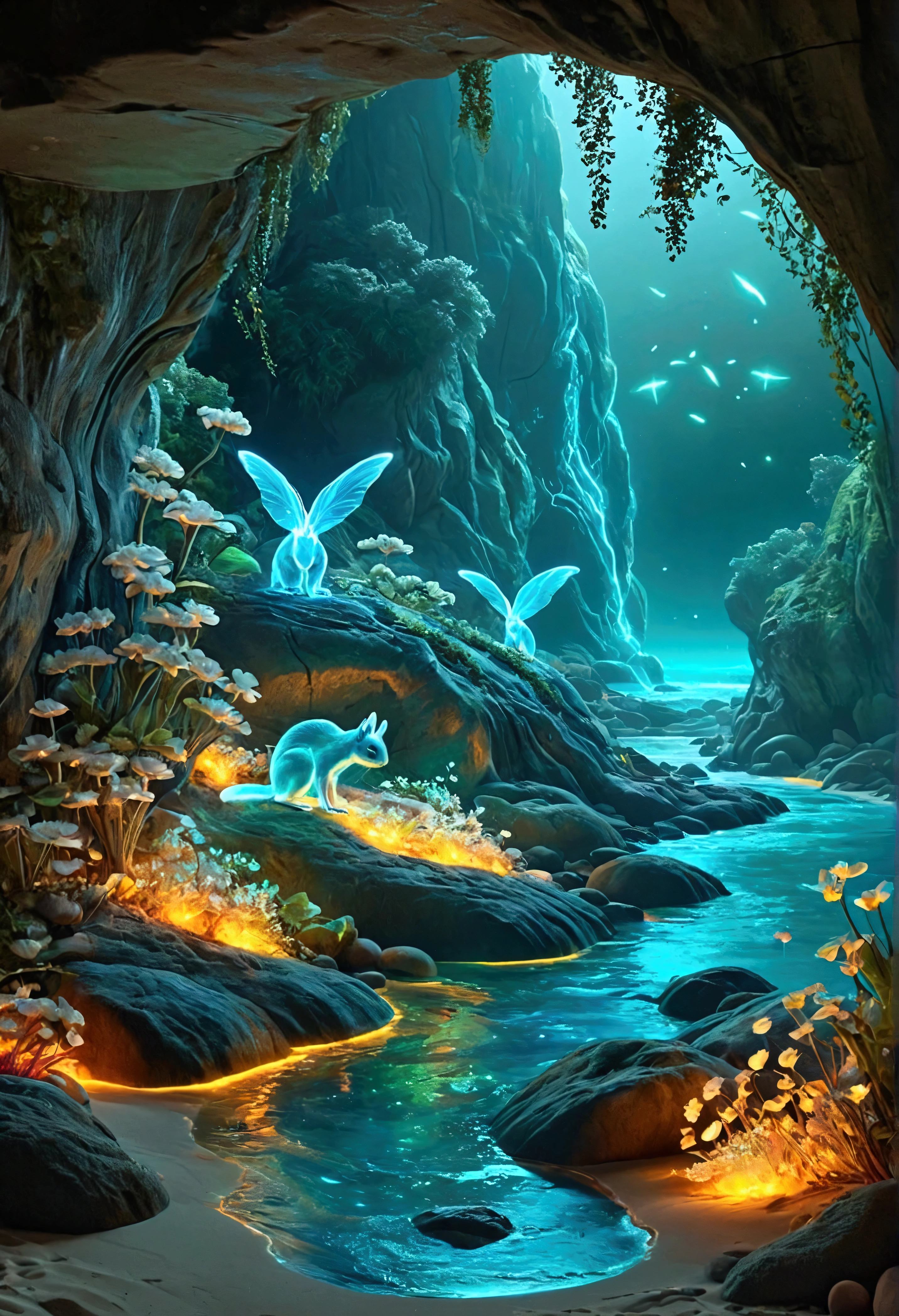 Mysterious island, Fantasy, Colourful, Bio-Luminescence, Neon holography, Transparent Materials, Transparent animals, Everything emits light itself, Luminous sand, Luminous fireflies, Luminous squirrels, Luminous river water Luminescent flowers, Luminescent rocks, Luminescent beaches