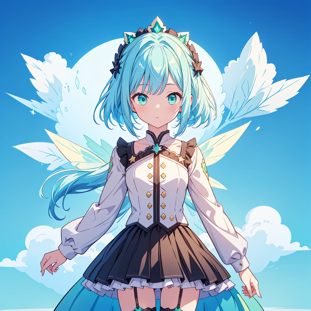 1girl、Star Fairy、Star incarnation、Character design front view、A picture facing the viewer、(((Super detailed、Highest quality、Masterpiece)))、Original cute hairstyle、Milky white and blue hair color、Simple Green Background、vtuber-fullbody,Black 8D glossy stockings