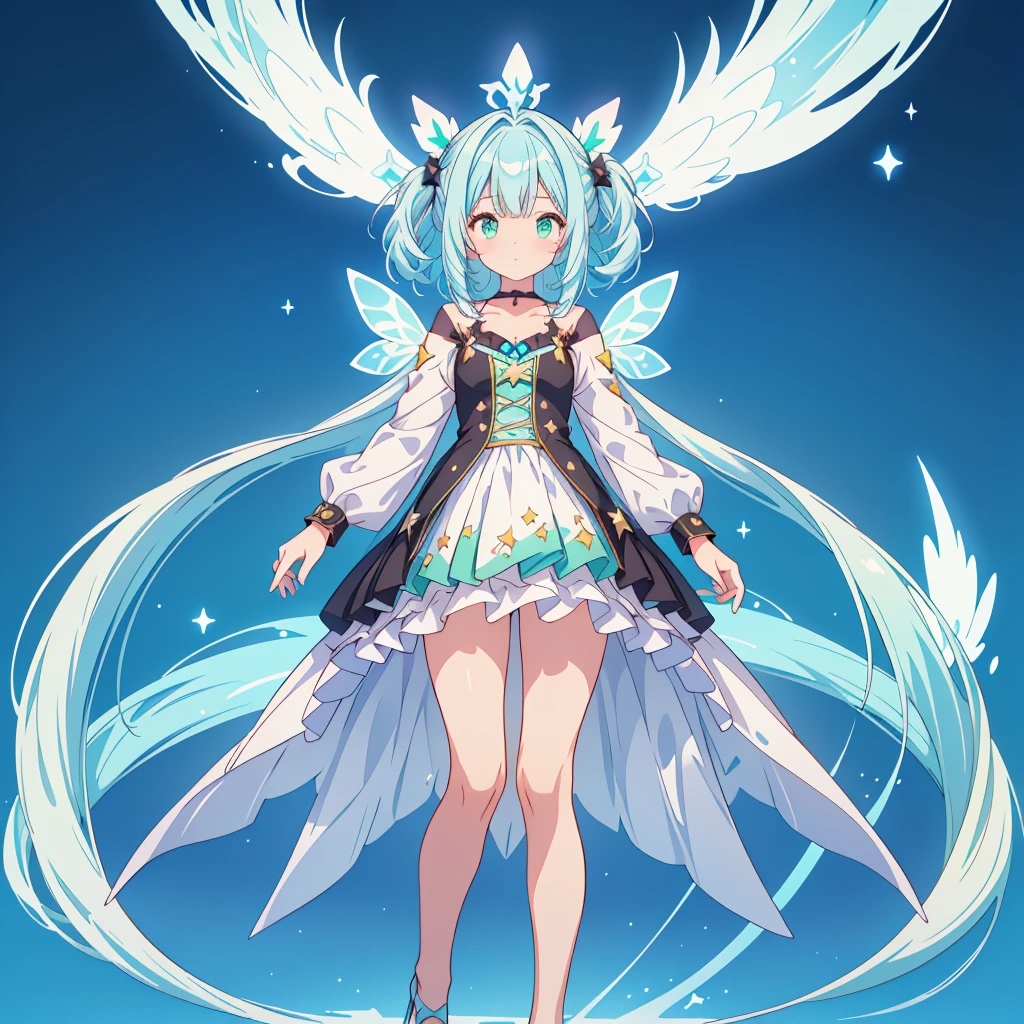 1girl、Star Fairy、Star incarnation、Character design front view、A picture facing the viewer、(((Super detailed、Highest quality、Masterpiece)))、Original cute hairstyle、Milky white and blue hair color、Simple Green Background、vtuber-fullbody,Black 8D glossy stockings