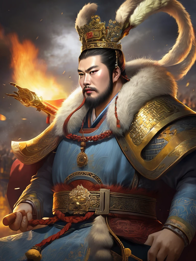 masterpiece,best quality,Very detailed,Extremely detailed, Dong Zhuo,Close-up：One with a beard、Man wearing a crown, China, Look clothes, Portraits inspired by Huang Shen, cg Social Hotspot, Under the Art, Dong zhuo, bian lian, heise jinyao, Liang Xing, feng shu, kuang hong,Yang Qi, photo of , hua cheng，obesity,lol,Vicious,Dark background, belt, Sky, cloud, fire, Upper Body, Fur trim, Shut up, brown