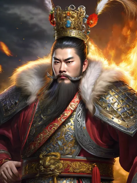 masterpiece,best quality,very detailed,extremely detailed, dong zhuo,close-up：one with a beard、man wearing a crown, china, look ...