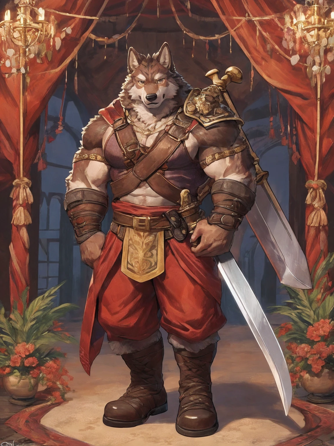 1. **type**：Wolf 2. **gender**：Male 3. **appearance**：Brown fur，Golden Eyes，thick physique 4. **Clothing and Decoration**：((Wearing mercenary clothing))，Carrying a huge sword on his back， #### Scenography 1. **background**：日本style的山間寺廟，寺廟周圍有Cherry tree和Stone lanterns 2. **detail**：Sakura petals falling in the air，Mountain peaks are faintly visible in the distance #### Text content 1. **theme**：Glory and Protection 2. **intonation**：Solemn and inspiring 3. **Sentence Structure**：`&quot;Guard the Faith，&quot;Defend the Glory&quot;` #### 圖像style 1. **style**：Epic and traditional combined， 2. **tone**：Soft pinks combined with stately browns and golds，Highlighting the majesty of the samurai and the beauty of the cherry blossoms #### 其他detail 1. **Posture and expression**： - bear standing in front of temple，Hold a greatsword，firm eyes，Show protection and determination 2. **background元素**： - 日本style的寺廟，Cherry tree，Stone lanterns，Falling cherry blossom petals，distant mountain peaks ### final design 1. **role conception** - **Wolf**：Brown fur，Golden Eyes，thick physique。穿著Wearing mercenary clothing，Carrying a huge sword on his back，。 2. **Scenography** - **background**：日本style的山間寺廟，寺廟周圍有Cherry tree和Stone lanterns。Sakura petals falling in the air，Mountain peaks are faintly visible in the distance。 3. **Text content** - below or above the diagram，Written in a solemn and inspiring font：`&quot;Guard the Faith，&quot;Defend the Glory&quot;` ### Image design recommends that you use design software（Like Photoshop、Procreate等）To realize this picture。The following are specific step-by-step recommendations： 1. **background創建**：畫出日本style的山間寺廟background，包括Cherry tree、Stone lanterns、Falling cherry blossom petals和distant mountain peaks。 2. **character drawing**：Draw male bear character according to description，特別注意武士鎧甲和巨劍的detail。 3. **Posture and expression**：bear standing in front of temple，Hold a greatsword，firm eyes，Show protection and determination。 4. **Add text**：Choose the right location，使用莊嚴和鼓舞的字體將Text content`&quot;Guard the Faith，&quot;Defend the Glory&quot;`Add to diagram。Sky Demon