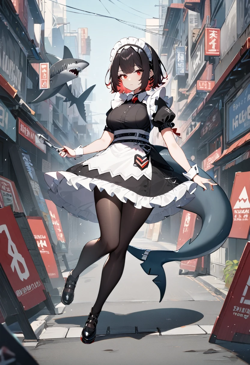 1 girl，Black short hair，Red eyes，Full figure，Black pantyhose，Maid costume，Black shark tail，Mechanical Shark