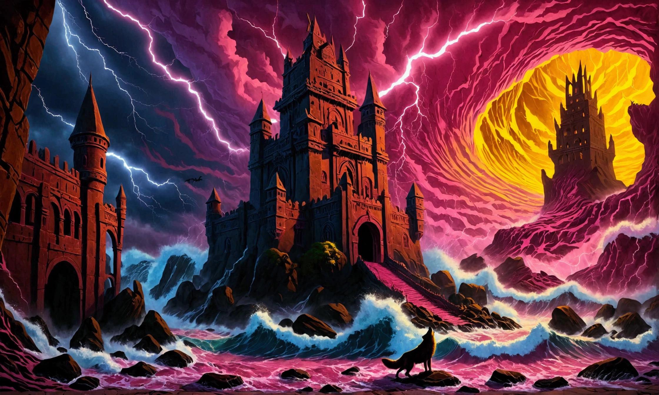 (Mysterious eerie citadel with intricate architecture:1.2) on rocks of tropical island))), crushing waves, yellow-pink thunderstorm, (eerie wolf in front:1.2) masterpiece in maximum 16K resolution, best quality, ultra detailed, aesthetics, absurdes.
