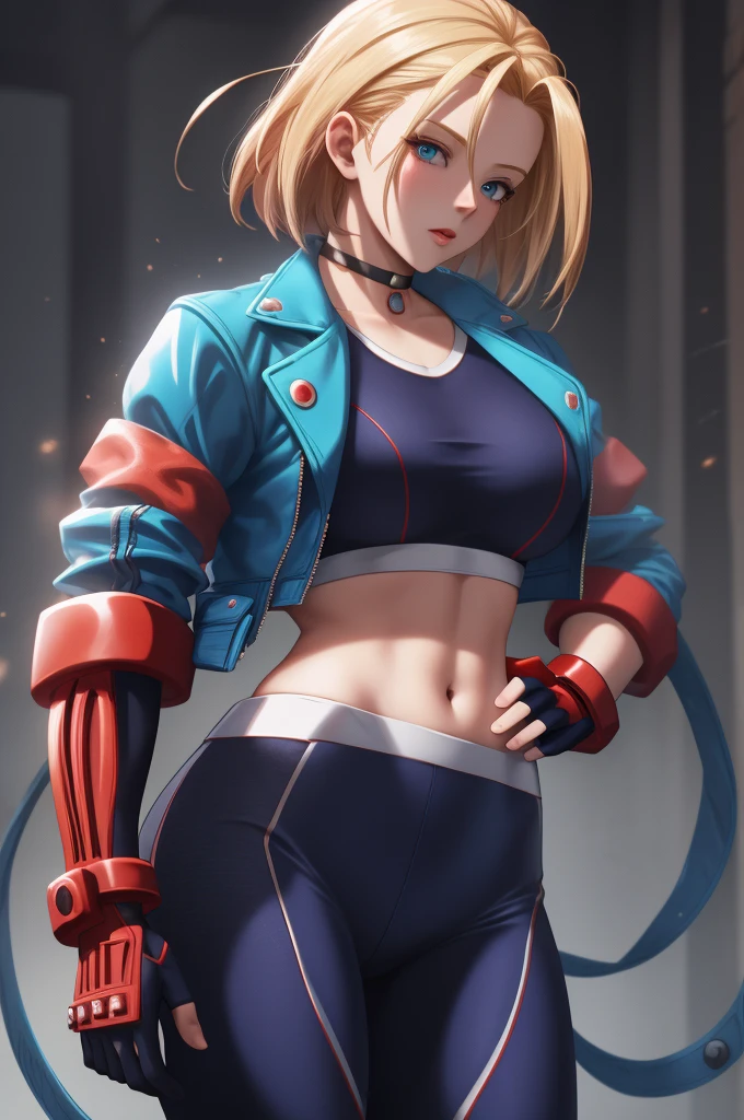 ((best quality)), absurdres, ((ultra high res)), cammy white, a woman with a blue jacket and red gloves, extremely detailed, 8k, masterpiece, 