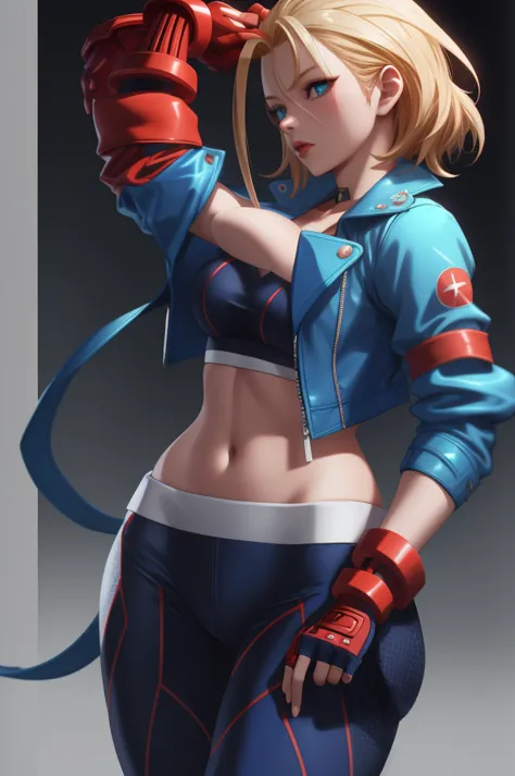 ((best quality)), absurdres, ((ultra high res)), cammy white, a woman with a blue jacket and red gloves, extremely detailed, 8k,...