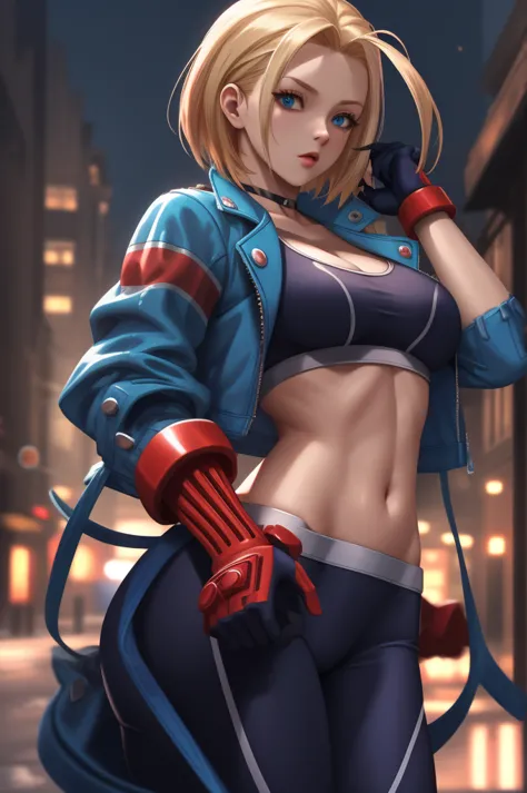 ((best quality)), absurdres, ((ultra high res)), cammy white, a woman with a blue jacket and red gloves, extremely detailed, 8k,...