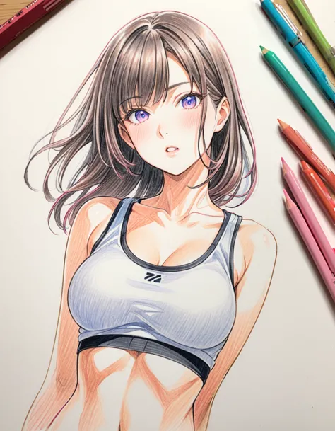  woman、Sports Bra、art、Colored pencil drawing、draft、Illustration