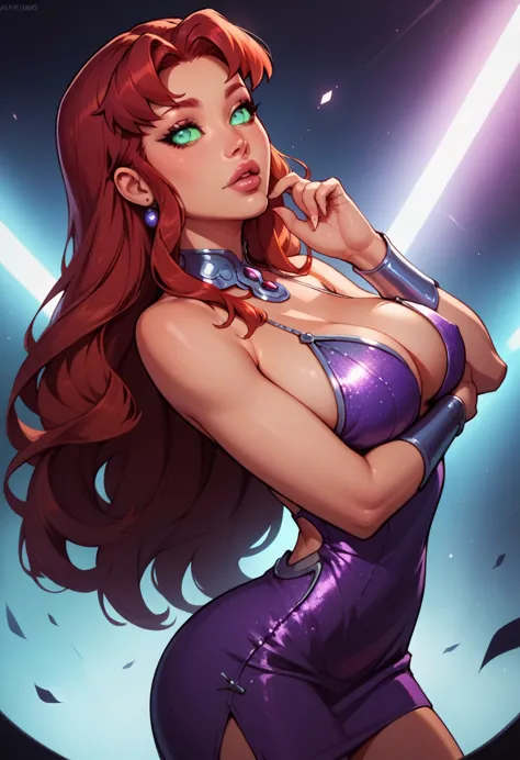 starfire style 1girl, fire red hair, long hair, grey eyes, thick lips, purple dress, long eyelashes,  expression, standing in a ...