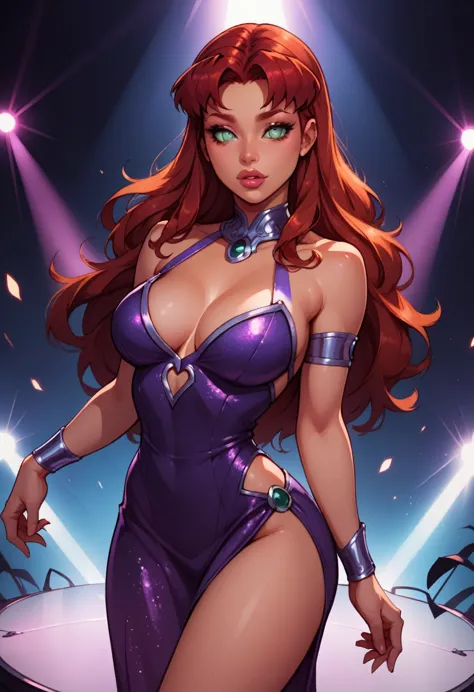 starfire style 1girl, fire red hair, long hair, grey eyes, thick lips, purple dress, long eyelashes,  expression, standing in a ...