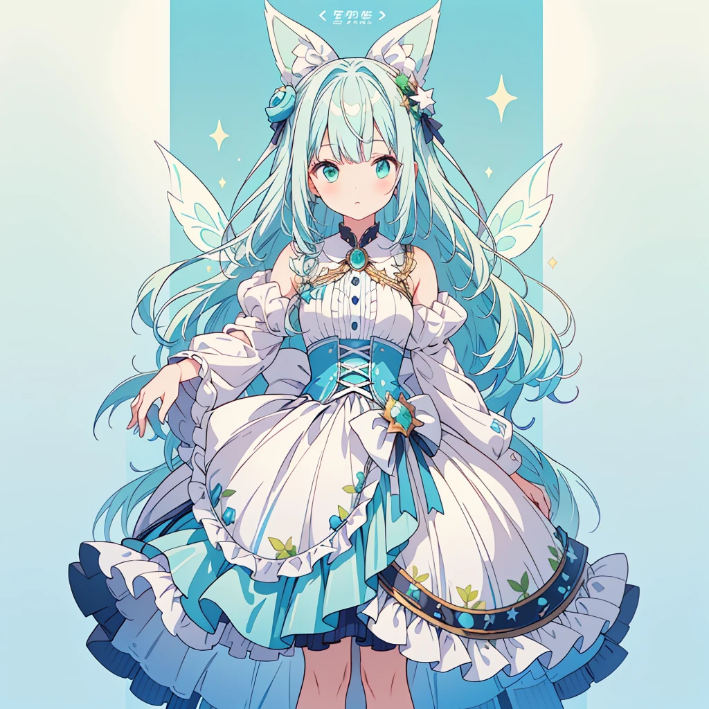 1girl、Star Fairy、Star incarnation、Character design front view、A picture facing the viewer、(((Super detailed、Highest quality、Masterpiece)))、Original cute hairstyle、Milky white and blue hair color、Simple Green Background、vtuber-fullbody,Alice、