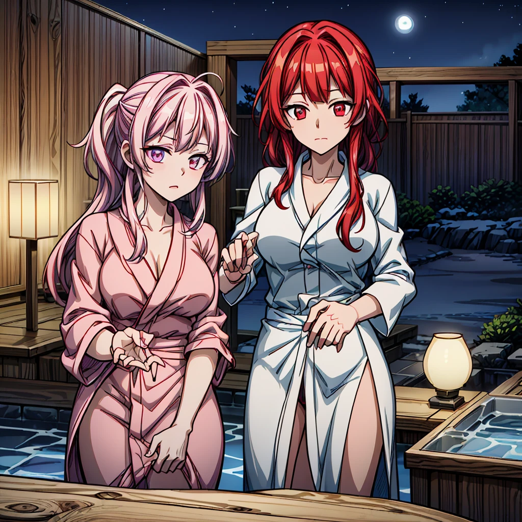 (((wrapping_bathrobe))), moonlight, stary_sky, red_hair, beautiful_hair, beautiful_eyes, 1_beautiful_girl,shy_face, cute_face, beautiful, best_quality, good_anatomy,, onsen, night, steam, moon,ultra_quality