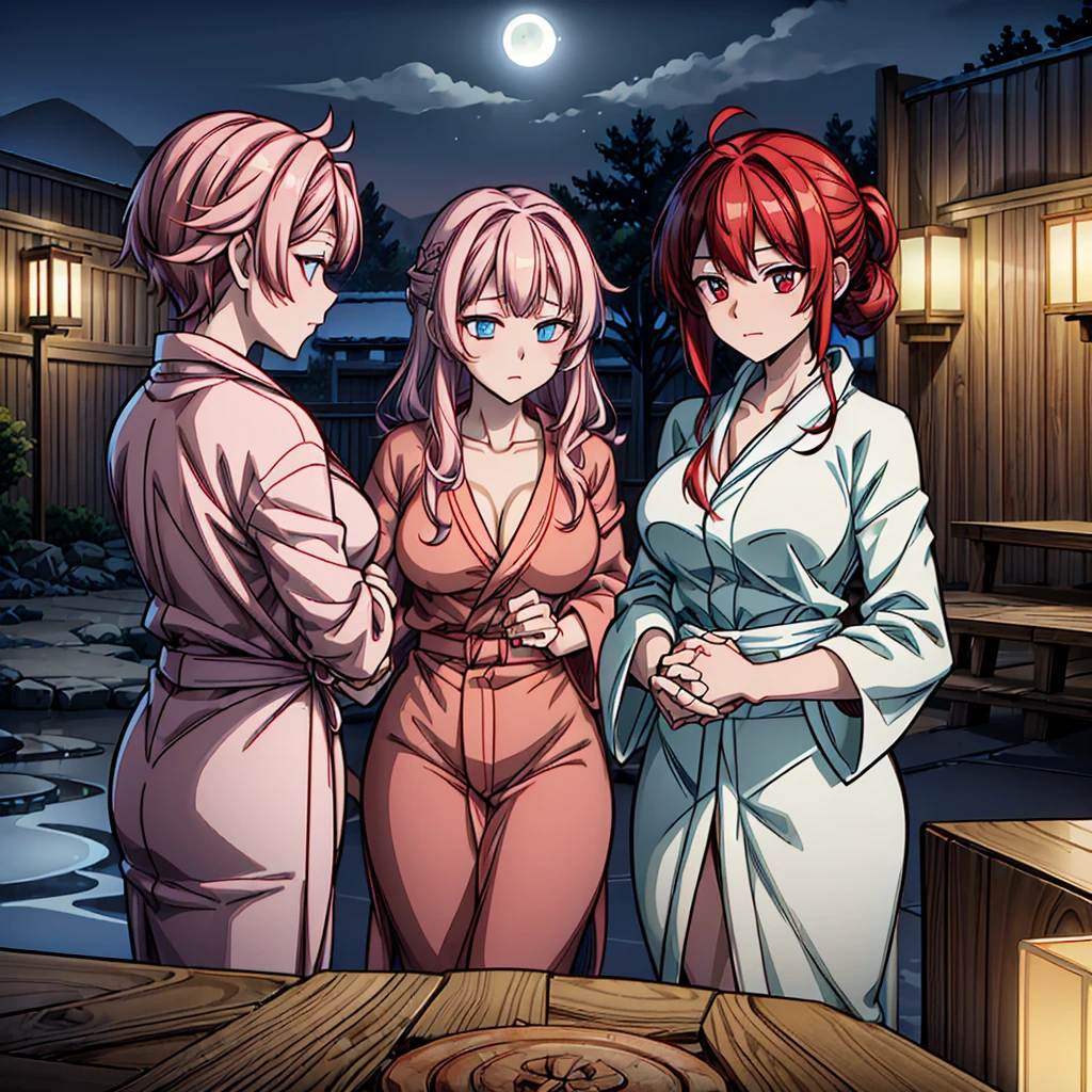 (((wrapping_bathrobe))), moonlight, stary_sky, red_hair, beautiful_hair, beautiful_eyes, 1_beautiful_girl,shy_face, cute_face, beautiful, best_quality, good_anatomy,, onsen, night, steam, moon,ultra_quality