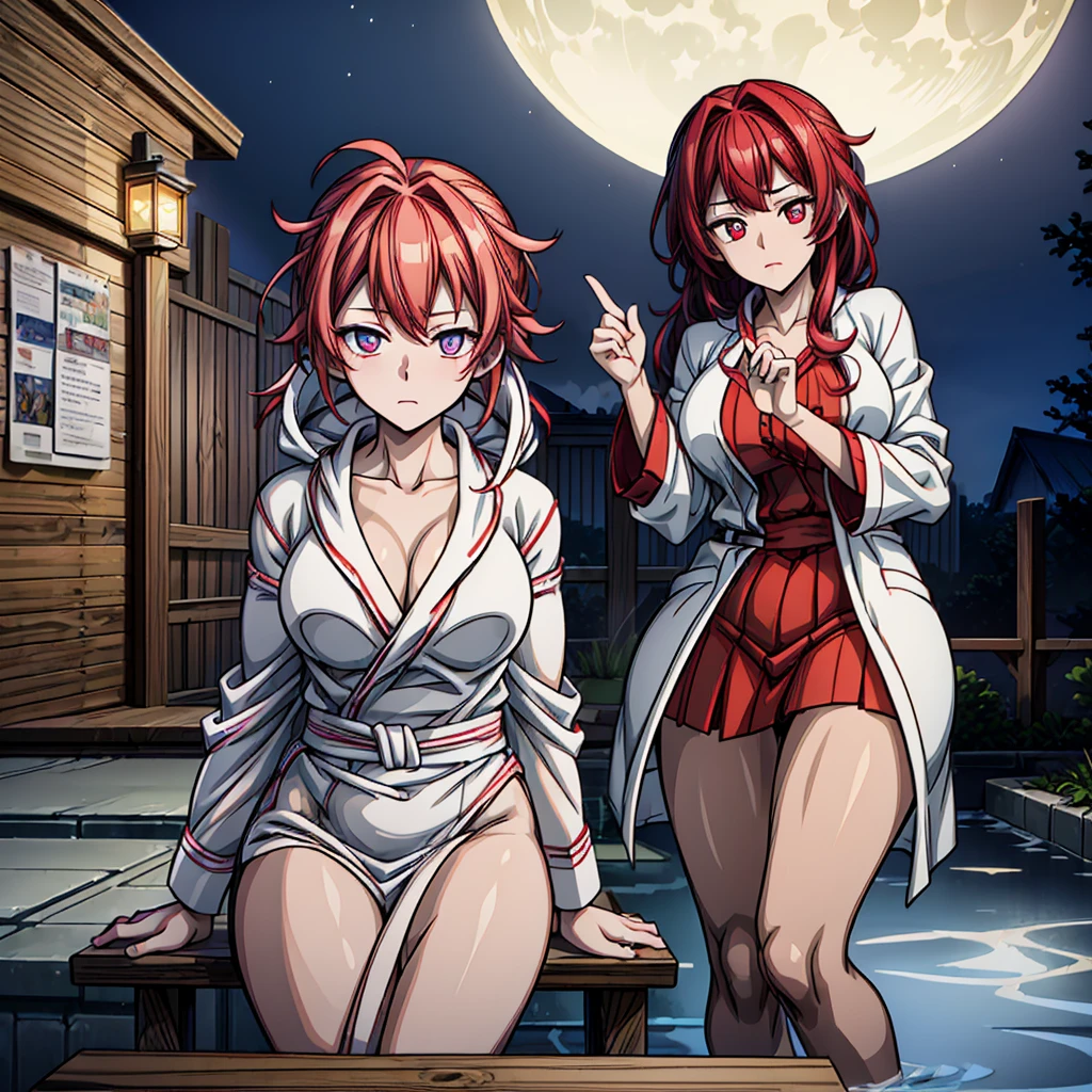 (((wrapping_bathrobe))), moonlight, stary_sky, red_hair, beautiful_hair, beautiful_eyes, 1_beautiful_girl,shy_face, cute_face, beautiful, best_quality, good_anatomy,, onsen, night, steam, moon,ultra_quality