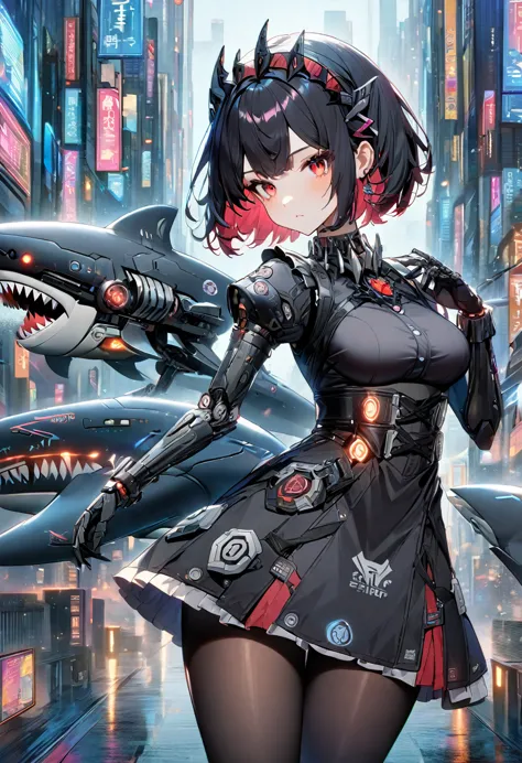 1 girl，black short hair，red eyes，full figure，black pantyhose，mechanical maid outfit，black mechanized shark tail，city of the futu...