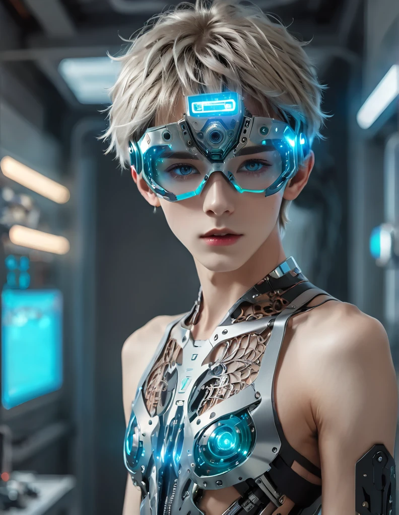 {{Obra maestra}}, mejor calidad, foto de un twink sexy en proceso de convertirse en cyborg, encima de una mesa de operaciones futurista, ((músculos pectorales expuestos)), ojos azules detallados y guapos, cara juvenil hermosa, laboratorio cyberpunk detallado, hermoso cabello detallado, cabello ondulado, hermosa calle detallada, ropa mecha, niño robot, movimiento fresco , cuerpo de jovencito flaco, {filigrana}, fondo de laboratorio futurista, {Efecto relámpago}, armadura de cultivo de cyborg detallada, dispositivo de control mental en la cabeza, Auriculares VR futuristas, imagen de cuerpo entero.