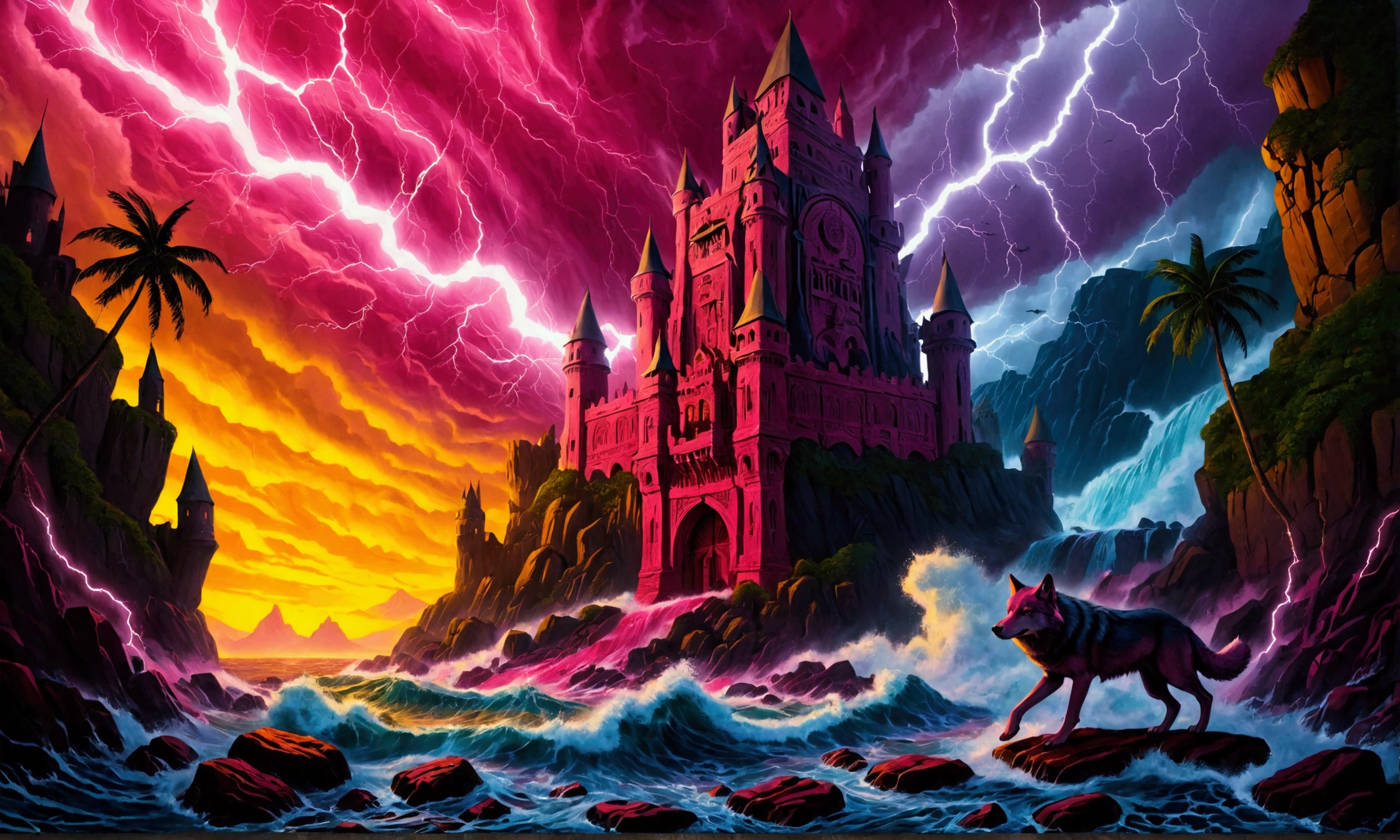 (Mysterious eerie citadel with intricate architecture:1.2) on rocks of tropical island))), crushing waves, yellow-pink thunderstorm, (eerie wolf in front:1.2) masterpiece in maximum 16K resolution, best quality, ultra detailed, aesthetics, absurdes.
