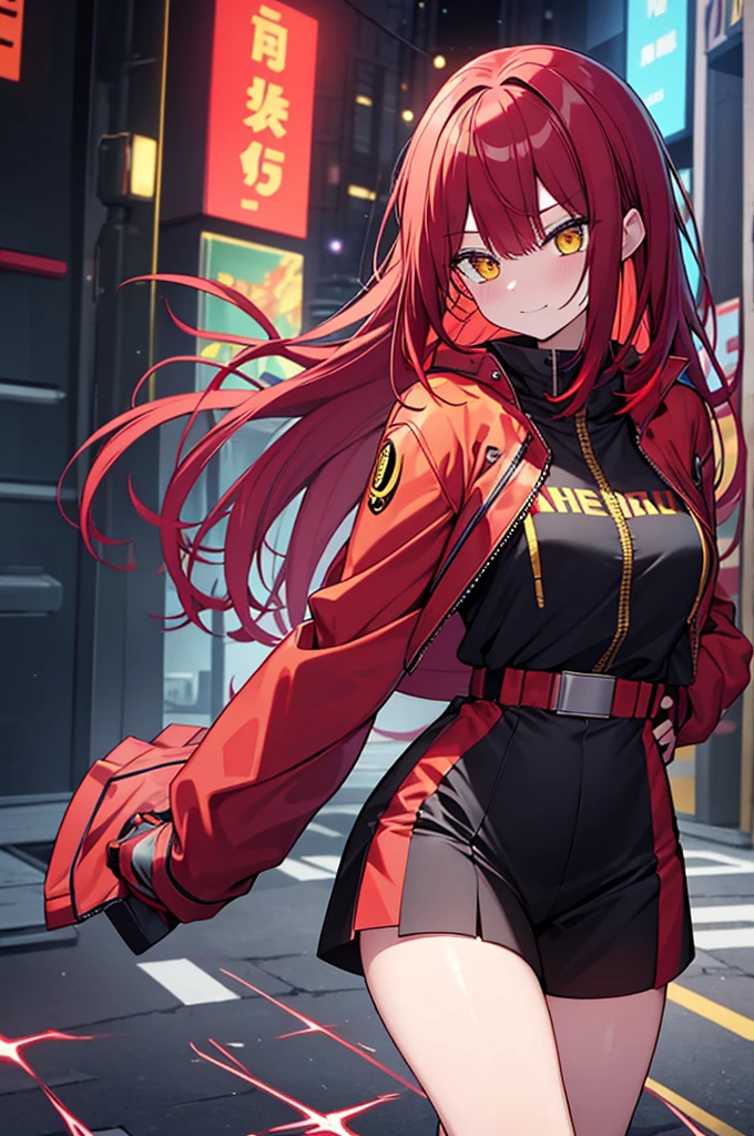 　Red Hair　Yellow Eyes　Bob　外はねBob　Confused eyes　Bob　Red Hair　Thick, vibrant red hair　Bob　female性　female　Cyberpunk Costume　Yellow costume　黄色いCyberpunk Costume　Dynamic pose　battle　electricity　Bobヘア electricityを操る　外跳ねBob　battleシーン