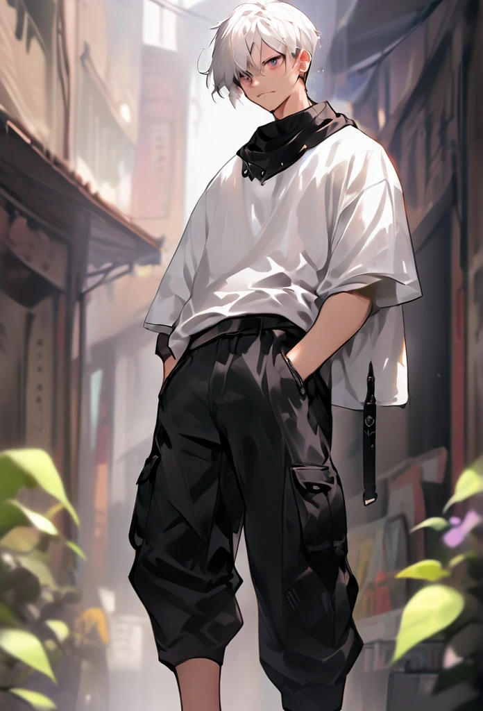 ((8k resolution masterpiece)) 1male, full body art, anime, Young adult, midnight purple eyes, wild short white hair, mid length white hair, defined dody, slim toned, light skin, casual expression, black tank top, black cargo pants, 