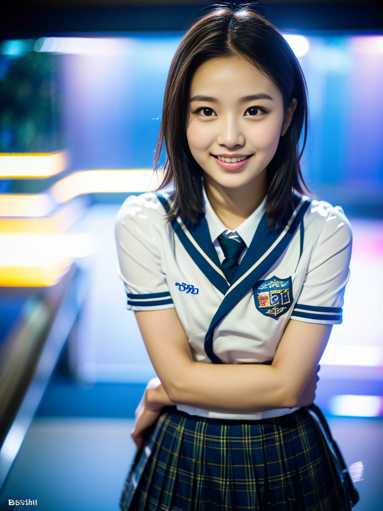 (1 youthful eurasian lady, early 20s, at an Aquarium, (((full bodyesbian))), ((Girls' High School Uniforms)), short_bob_hair_ponytail, Dimples, Friendly & Kind smile, snaggle-tooth, realistic skin textures, healthy body proportion, hyper-realism, photorealistic, beautiful detailed eyes, high contrast, ultra HD, top image quality, fine details, very meticulously, masterpiece, the_cowboy_shot, bokeh background, Serene Ambiance, blue light)