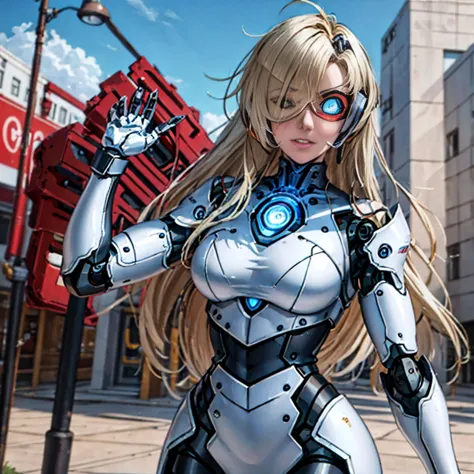 There is a woman in a robot suit posing next to an old building, Beautiful half cyborg white girl, cute chica cyborg, beautiful ...