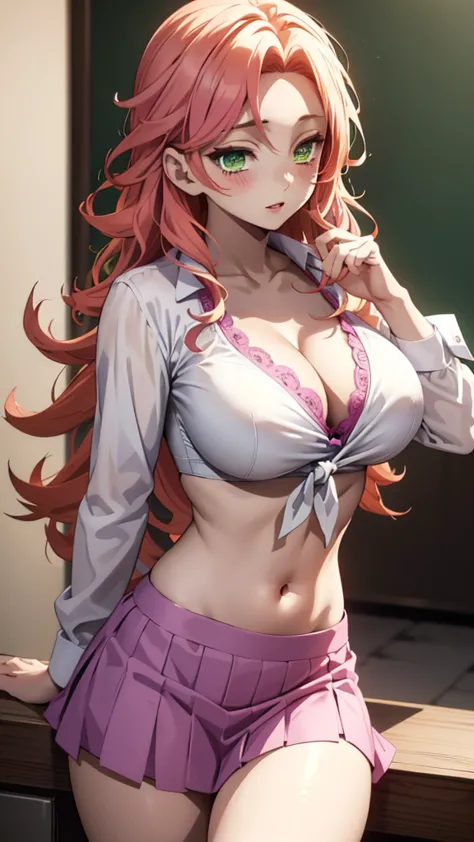In anime, a sexy girl with a big breast, sensual, beautiful, popularity, beautiful, , long curly yellow hair, her green eye, a p...