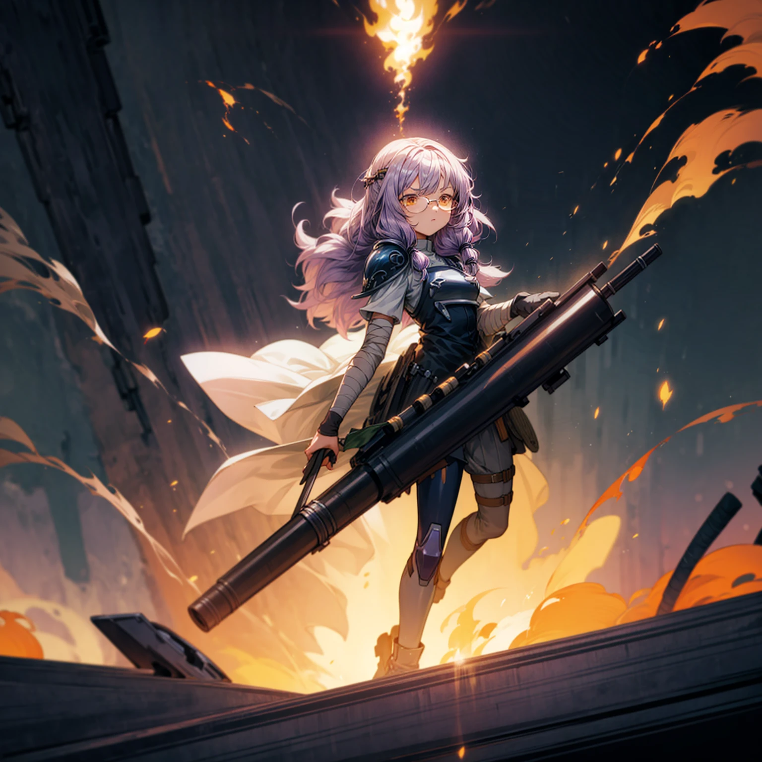 1girl, 1character, gold eyes, long Curly haircut, lavender color hair, army style clothing, white glasses, Long socks, boots army,  full iron armor, bandage on hand, Grassroots, background in fire city street, motion blur, (one piece style art), Big robot gun in hand, smoke effect, aura effect, Fire, lighting fire, plasma effect, fire city, (high angle view, full body view version, angry eyes)