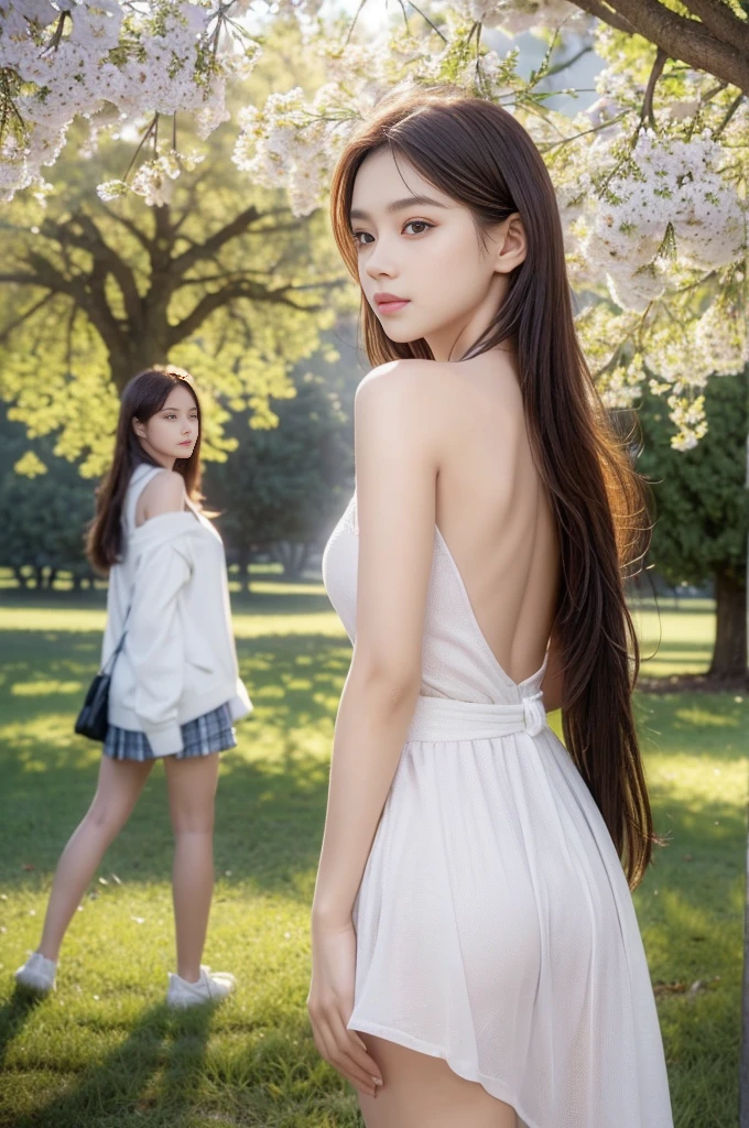 best quality, masterpiece, Ultra-fine high resolution, (Practical: 1.4),outdoor, (2 girls: 1.2), (portrait,Upper Body:1.2) ,(2 girls,Back to Back,Stand under a big tree: 1.4)，Thin body, High school girl, (from the side), (best quality:1.4), 32k resolution, (Practical:1.5), (超Practical:1.5), High resolution 32k UHD, (masterpiece:1.2)), (quality improvement:1.4), (Very nice facial details), (best quality realistic skin texture:1.4),