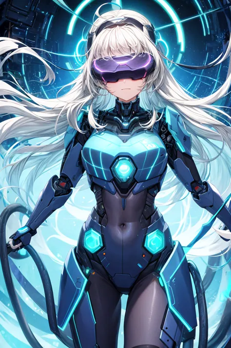 best quality, head-mounted display,
(1 girl, solo), exposed waist, exposed thighs, surrounded by azure neon, floating azure hair...