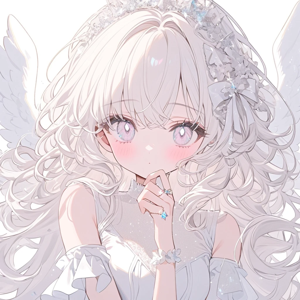 White Angel, White ribbon, pastel White angel ring, white one-piece,white and angel wings, cute white background ,White long Curl hair,glitter White eyes