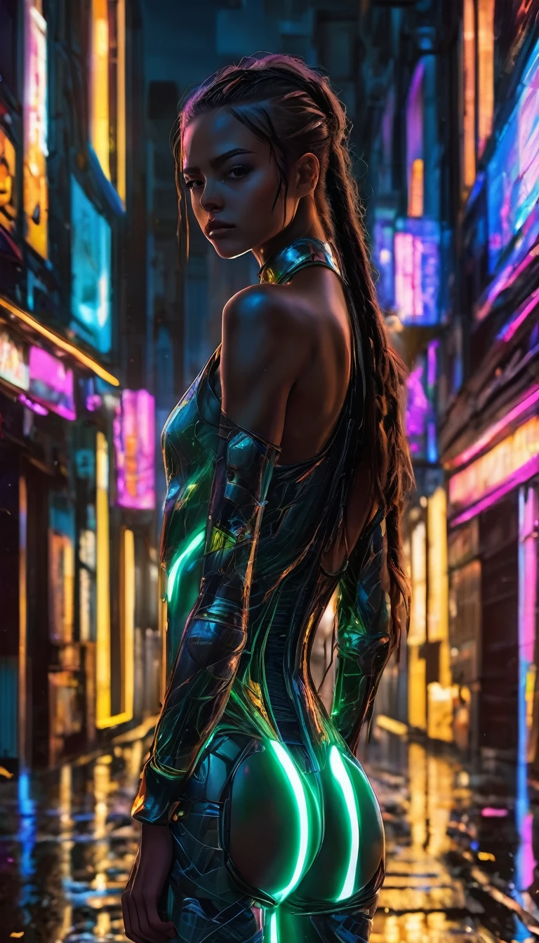 Top Quality, Masterpiece, High Resolution, 8k, (((cute skinny barely legal girl in oversized crinkle top and wetlook leggings, bare belly, wide neckline, deep neckline, small perky breasts, beautiful detailed eyes, beautiful detailed lips, small closed mouth, extremely detailed face, long ponytail hair, small hips))), cyberpunk apartment, moody atmosphere, dramatic and random neon colors, futuristic setting, intricate details, at night, backlit, full body shot, view from distance 