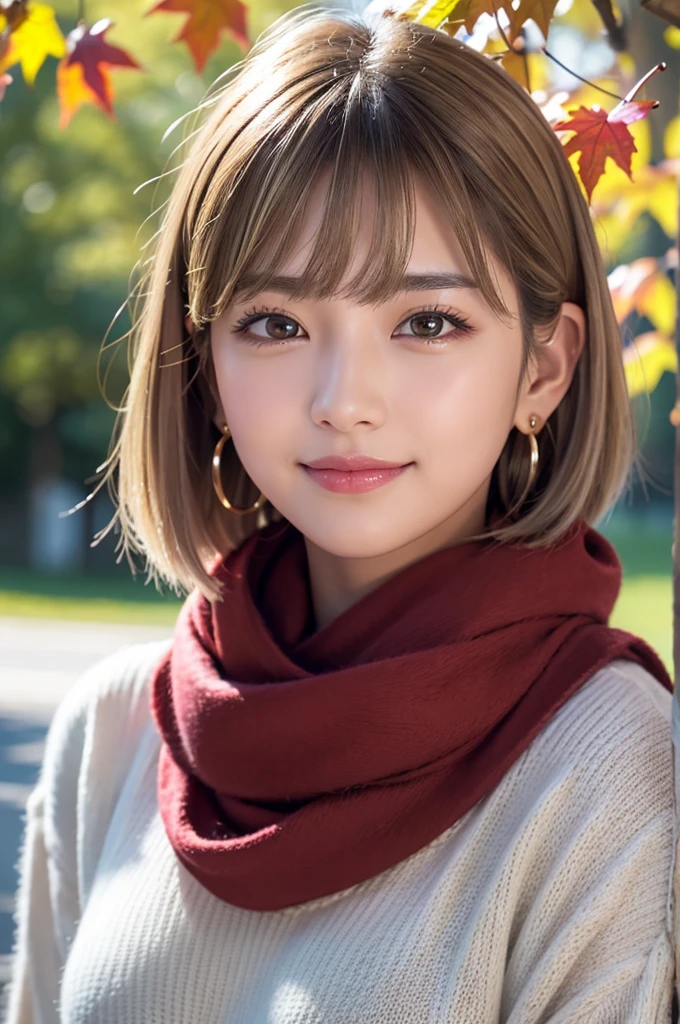 (RAW shooting), Overall image、Thick white sweater、Red scarf on neck、long earrings、Long eyelashes、Round eyes、Cheek on ear、correct、make、smile、Put your mouth in、（(Wink))、Soft lips、誘惑的なsmile、Sparkle、Darker lipstick、Cheek on nose、(Autumn leaves)、((Watery eyes))、Asymmetrical Hair、Real Skin、Blonde Hair、Very realistic,Gray Hair、Messy Hair、Hair behind the ear、Floating Hair、short hair、Boyish hair、Blunt bangs、Surrealism、Drop Shadow、Anaglyph、Stereogram、Hyperrealism、Contemporary Art、shine、reflected light、Nikon、Ultra Wide Angle、16K、Super detailed、最high quality、uhd、Anatomically correct、Awards、最high quality、Ultra high detail、high quality、High resolution、Textured skin、correct、masterpiece、