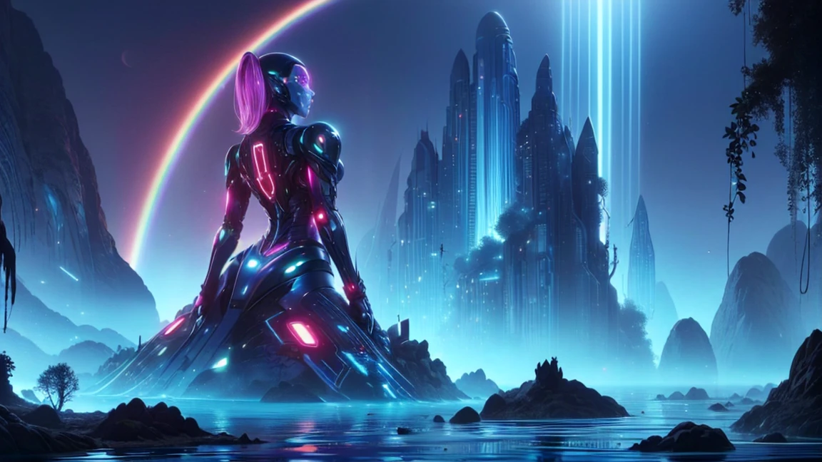 top quality, future world, State-of-the-art robot, Beautiful Woman, flying hair, Transformed into a cyborg except for the face,  Transformed into a cyborg except for the shoulder, sexy images, whole body photo, back view photo, ((mysterious island, mysterious atmosphere, mysterious pool, mysterious mountain, mysterious rainbow, mysterious background))