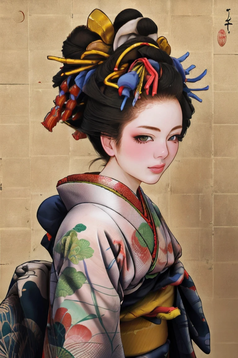 1 fille, seul, Oïran, des pays, pays, En regardant le public, Cheveux courts, yeux marrons, cheveux bruns, cheveux noirs, ornements de cheveux, Haut du corps, kimono, frange émoussée, kimono, ceinture, compenser, coupe de cheveux au carré,