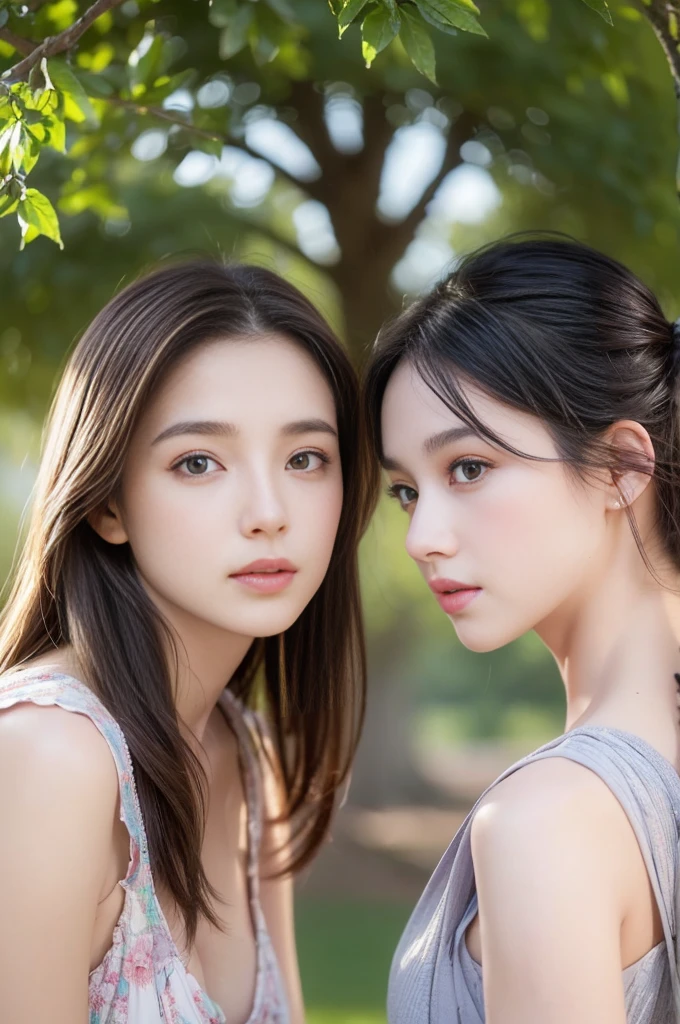 best quality, masterpiece, Ultra-fine high resolution, (Practical: 1.4),outdoor, (2 girls: 1.2), (portrait,Upper Body:1.2) ,(2 girls,Back to Back,Stand under a big tree: 1.4)，Thin body, High school girl, (from the side), (best quality:1.4), 32k resolution, (Practical:1.5), (超Practical:1.5), High resolution 32k UHD, (masterpiece:1.2)), (quality improvement:1.4), (Very nice facial details), (best quality realistic skin texture:1.4),Dresses of different colors